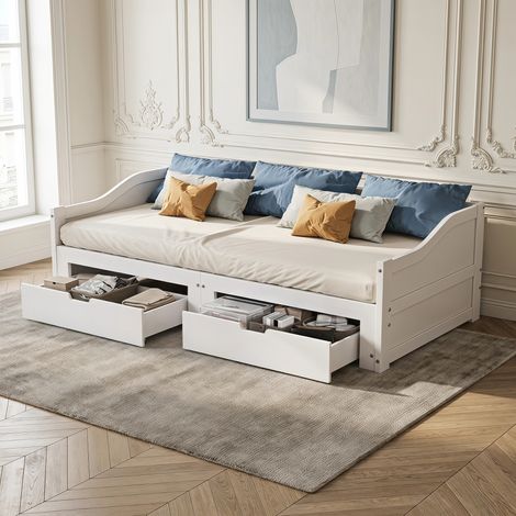 Lit gigogne extensible 90x200 cm/180x200 cm, 2 tiroirs, Canapé Lit, Sommier à lattes en bois, Design moderne, Blanc (1/5)