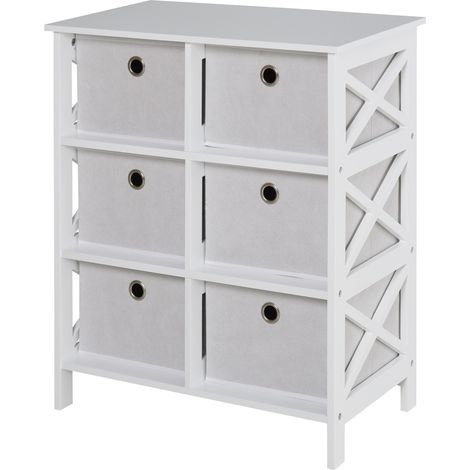 Cassettiera dal design contemporaneo, dimensioni 64L x 37W x 76H cm, 6 cassetti, MDF bianco con tessuto non tessuto grigio chiaro. (1/4)