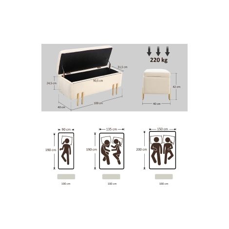 Banquette coffre beige rembourrée avec revêtement aspect velours, rangement intérieur et pieds en bois pour salon, chambre et entrée (1/5)