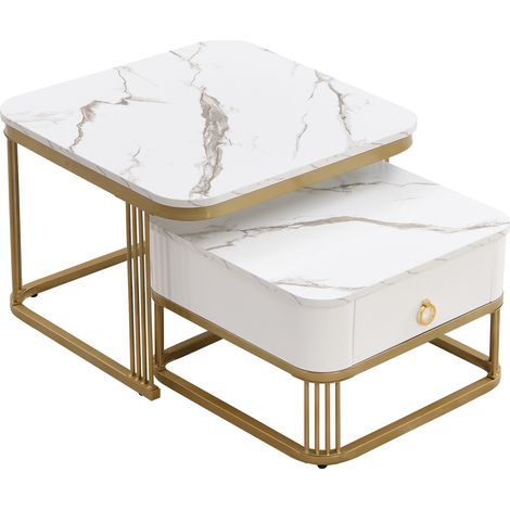 Mesa de centro apilable efecto mármol blanco y dorado, set de 2 con cajón (1/5)
