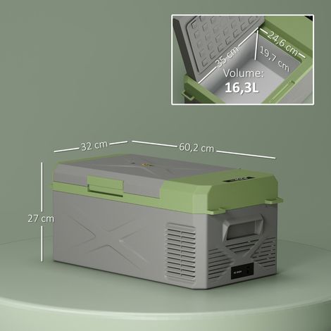 Glacière électrique 16,3 L à compresseur, mode éco, maintien au froid, congélateur intégré, mini frigo 12V/220V, voiture, camion, camping, bateau, gris-vert. (1/5)