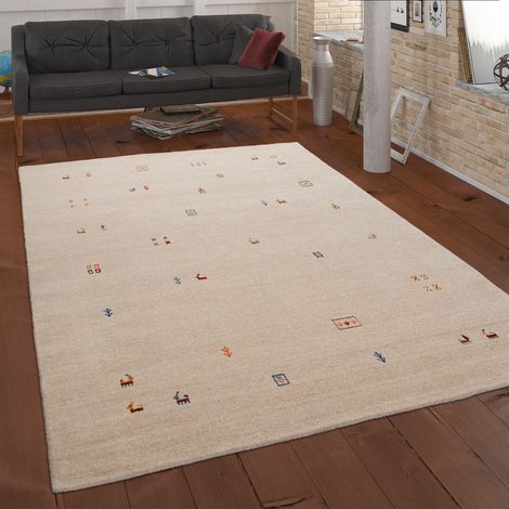 Paco Home Tapis Salon Chambre Adulte Poils Ras Motif Ethnique Geometrique Tissé A La Main 120x170 cm, Crème (1/5)