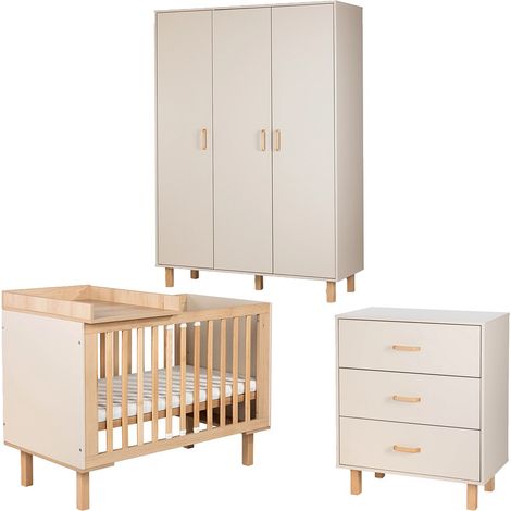 LAURA Chambre bébé armoire commode et lit évolutif 120x60 Champagne + plan à langer lit