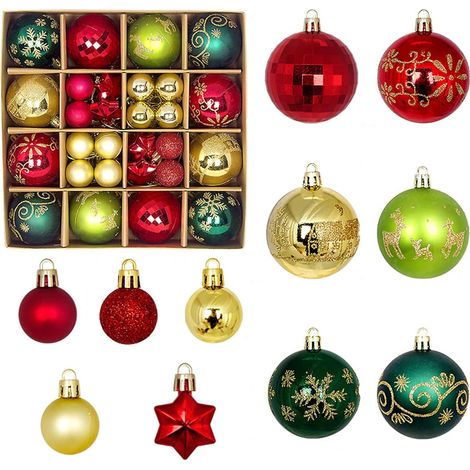 Lot de 42 petites boules de Noël en plastique incassable à suspendre pour sapin de Noël, fêtes, mariage (rouge, vert, doré) (1/5)