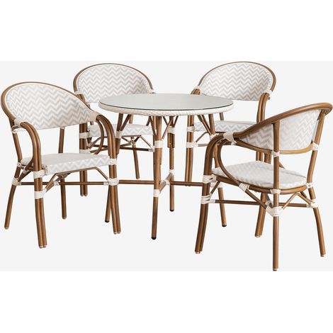 SKLUM Brielle Bistro rundes Tischset, Ø80 cm, und 4 stapelbare Esszimmerstühle aus Aluminium mit Armlehnen. Beige Nude - Gardenia Weiß                                  