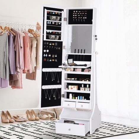 Mobiletto portagioie HOMCOM con specchio, luci a LED, serratura, cassetti, specchio e ripiano interno pieghevole per cosmetici, 45x36x150 cm