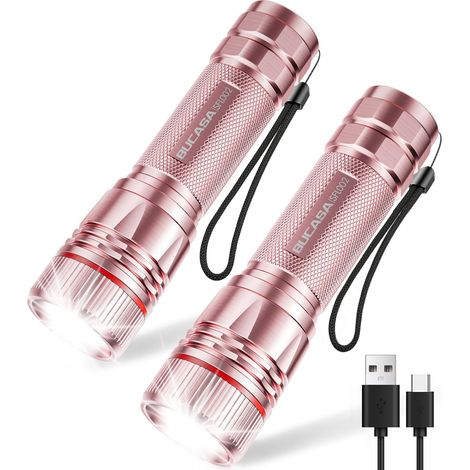 LED Lampe Torche Rechargeable, 2000 Lumens Lampe Torche LED Ultra Puissante avec 3 Modes, 2 Pièces Zoomable Lampes Torches Enfant, Étanche Flashlight pour Camping Randonnée Urgence Cadeau Rose