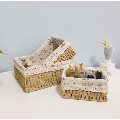 Panier De Rangement - Osier Tressé - Rectangulaire - Avec Doublure Amovible - Lot De 3 (1/5)