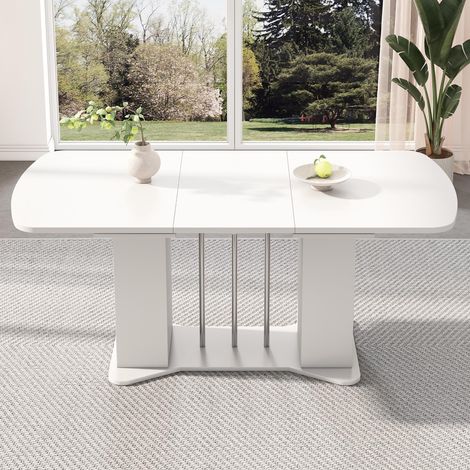 Ausziehbarer Esstisch 120/160 x 80 cm, moderner Stil, versilberte Metallbeine, Esstisch mit Stauraum, multifunktionaler Esstisch, geeignet für 4-6 Personen, weiß + versilberte Beine (1/5)