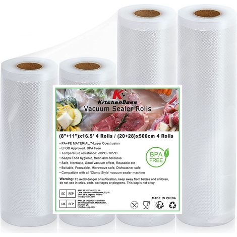 Sac Sous Vide Alimentaire:Rouleau Sous Vide Alimentaire sans BPA pour Machine Sous Vide, Film Sous Vide Alimentaire 4 Rouleaux, Plastique Sachet de Mise Sous Vide Alimentaire, 20/28/500cm (1/5)