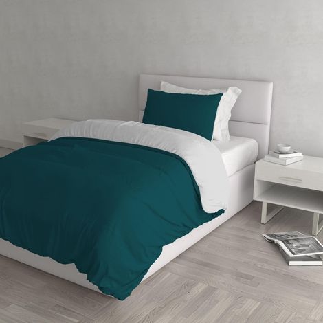 housse de couette double-face couleur unie avec taies d'oreiller, 100 % Coton, Vert pétrole/Gris Clair, single (1/5)