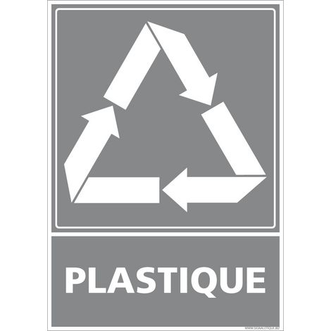 Panneau Recyclage PLASTIQUE, Tri sélectif des déchets plastiques. Recyclage en déchetterie. Autocollant, PVC ou Alu, au choix - Adhésif - 75 x 105 mm (1/5)