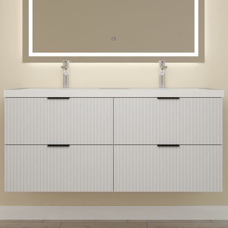 Biubiubath Meuble de Salle de Bain suspendu Blanc 120 cm avec 4 tiroirs, vasque inclus (1/5)