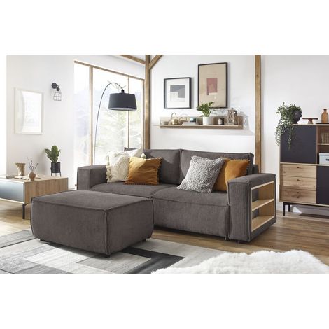 BOBOCHIC - Canapé droit convertible coffre tablette NIHAD velours côtelé avec pouf Marron (1/5)
