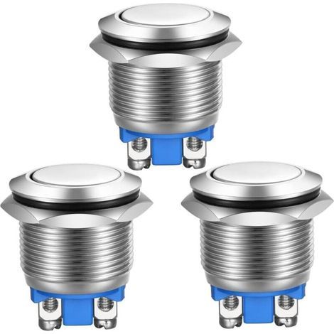 Trois interrupteurs à bouton-poussoir instantanés, bornes à vis en acier inoxydable, boutons étanches, 19 mm, 2 A, 12 V/24 V/125 V/250 V (tête plate). (1/4)