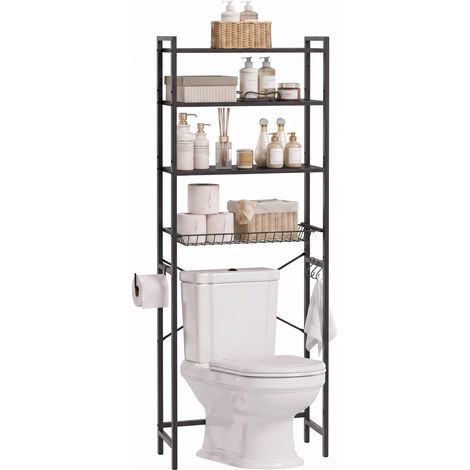 HOMCOM mueble sobre inodoro de 3 niveles, estantería de baño encima del WC con portarr, estantes ajustables, cesta extraíble y ganchos, marrón rústico (1/5)