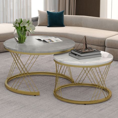 Table basse gigogne moderne, ensemble de table basse en placage de marbre rondes, Or et gris (1/5)