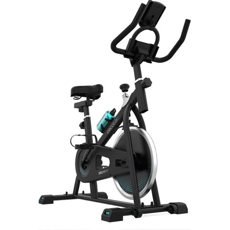 Kompaktes Indoor-Fahrrad mit 10 kg Schwungrad. LCD-Display. Geräte-Halterung. Herzfrequenzmessgerät. Transporträder. Reibungswiderstand. Vertikal und horizontal verstellbarer Sattel.