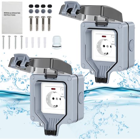 TolleTour 2X Enchufe exterior estanco IP65 con interruptor, caja mural de superficie, 16A 250V, toma de corriente para jardín, balcón, garaje y baño (1/5)