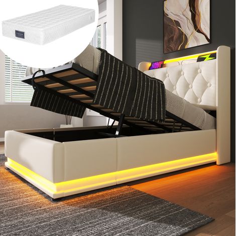 Cama individual con almacenaje LED USB blanca OKMYHOME (1/5)