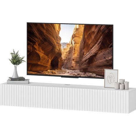 Meuble TV suspendu blanc 140 x 25 x 22 cm pour téléviseur 72 pouces, 2 portes rabattables (1/4)