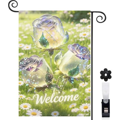 Drapeau vertical fauteuil suspendu et roses 30 x 45 cm décoration porche et entrée (1/5)