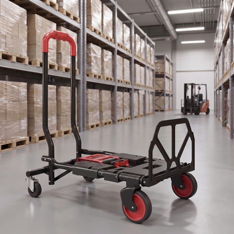 Diable et Chariot de Transport à Roulettes Pliable 2-en-1, Charge Max 120 kg, Base Rabattable, Acier, 83x44x78cm, Rouge (1/5)