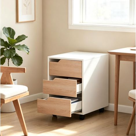 Archivador móvil con 3 cajones en MDF y metal, blanco y roble, 40 x 50 x 57,5 cm (1/5)