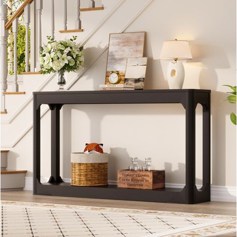 Table console 140 cm noire en MDF avec rangement à 2 niveaux (1/5)
