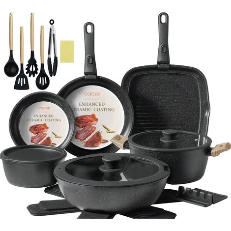 23-Piece Pans and Saucepans Set with Removable Handle Non-Toxic, PFOA-Free, Induction / Gas Compatible, Stackable and Dishwasher Safe, Black (1/5)