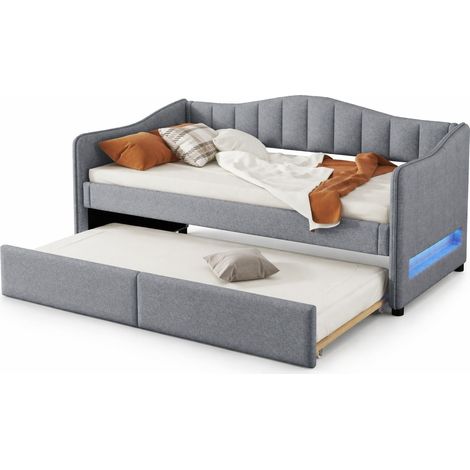 Lit banquette 90 x 200 cm avec lit gigogne, canapé-lit convertible, LED d’ambiance pilotable par app, style minimaliste gris - CHICFURN (1/5)