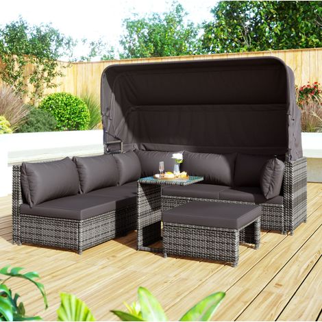Salon de jardin modulable 194/70/157 cm gris en rotin avec auvent rétractable (1/5)