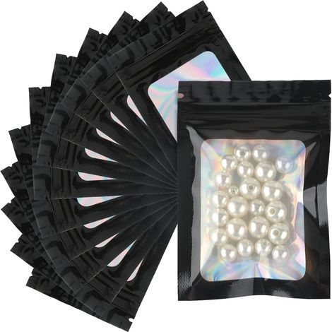 100PCS Mylar Ziplock Bags Sachets Plastiques Zip-Noir Sachets Refermable Zip Mylar 7x10cm Pochon Zip Holographique pour Stockage Aliments et Emballage (1/5)