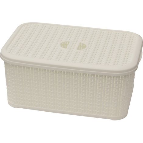 Knit Design Loop Plastic Lidded Rectangular Storage Basket with Handles, Ivory (1/4)