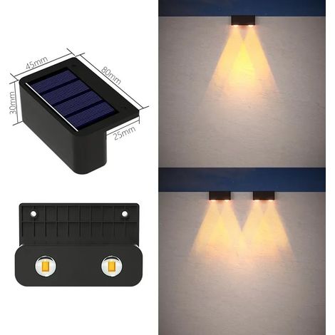 (Warm-2LED) Lampe murale solaire d'extérieur étanche, à énergie solaire, éclairage vers le haut et vers le bas, décoration pour la maison, le jardin et la cour, lumière du soleil (1/5)