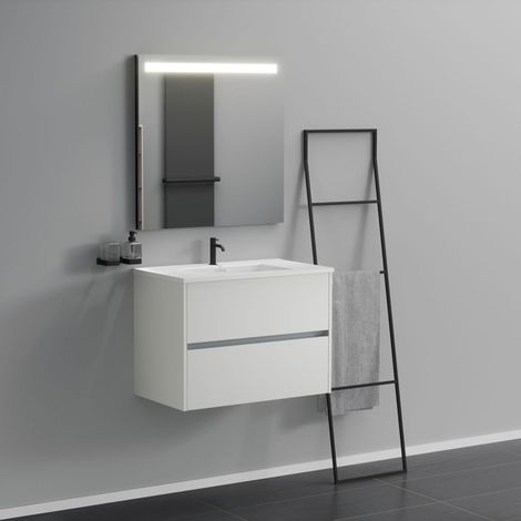 Inda - Badezimmerschrank 2 Schubladen L.80 mit beleuchtetem Spiegelwaschbecken - Mattweiß