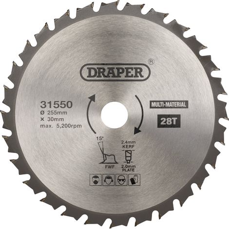 Draper TCT Multi-Purpose Circular Saw Blade, 255mm Diameter, 30mm Arbor, 28 Teeth, Model 31550 (1/5)