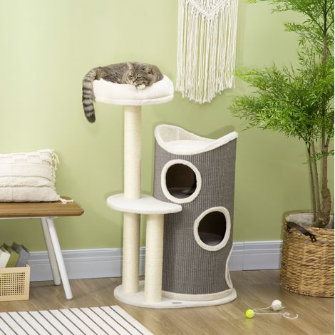 Árbol para gatos 60x44,5x109 cm de contrachapado blanco y gris con tonel rascador - MEUBLIV (1/5)
