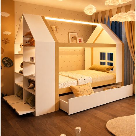 Etagenbett 90/200 cm de madera maciza con cajones, LED y almacenaje (1/5)