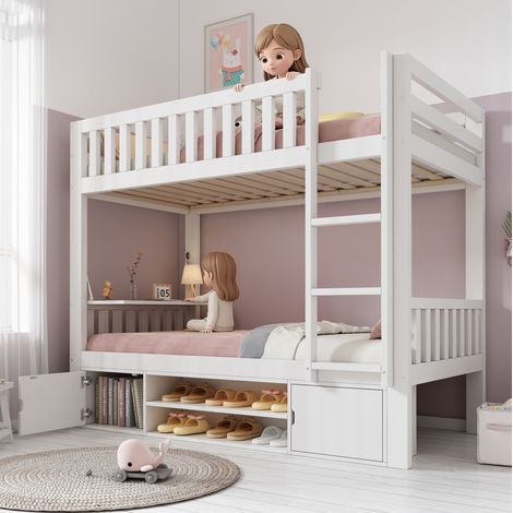 Litera infantil 204x100x150 cm blanca de madera con escritorio abatible y zapatero integrado (1/5)