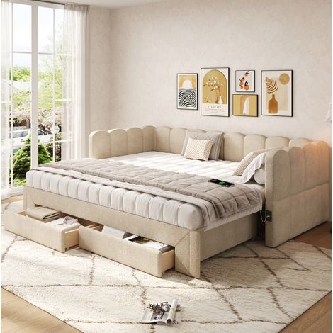 MEUBLIV Cama 90x200 cm beige – extensible con 2 cajones, sin colchón (1/5)