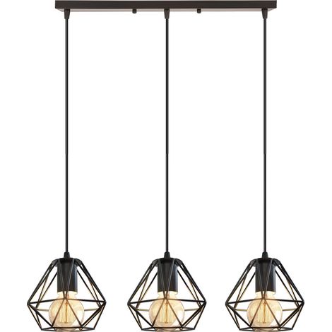 Vintage Pendant Light, Metal Shade, 3 Lights, Black, Diameter 16 cm × Height 13 cm , Height Adjustable, E27 Bulb (1/5)