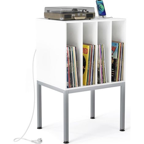 Meuble Platine Vinyle avec Station de Charge, Support de Tourne-Disque avec 4 Compartiments Ouverts, Pieds Métalliques Surélevés, Blanc (1/5)