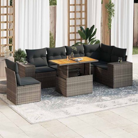 Ensemble canapé d'extérieur 7 places gris poly rotin avec table réglable et rangement intégré (1/5)