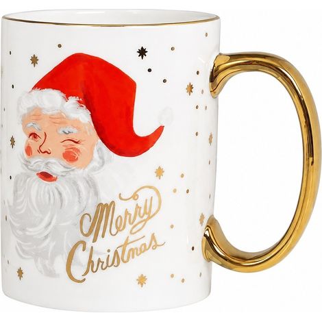 Tasse en porcelaine fine, anse dorée, motif Père Noël, mug de Noël avec anse dorée (1/3)
