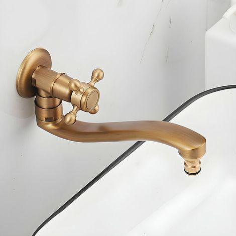 Robinet de lavabo mural de jardin, robinet de lavabo rétro pour eau froide, mitigeur d'évier en laiton antique pivotant à 360° (1/4)