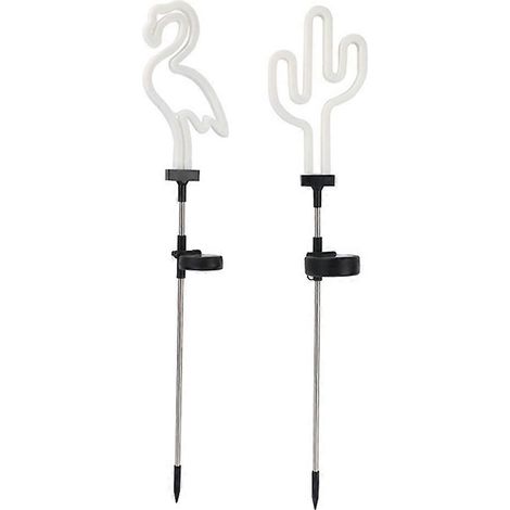 Lot de 2 lampes solaires de jardin en forme de cactus et de flamant rose, pour allée extérieure (lumière néon). (1/5)