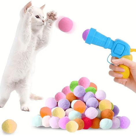 Lot de jouets interactifs pour chats "Lanceur et 20 boules de mousse" : jouet de sport d'intérieur pour chats, favorise l'amour et la confiance, couleur aléatoire. (1/5)