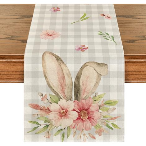 Chemin de table à carreaux Buffalo, motif floral oreilles de lapin, décoration de table de Pâques, 33 x 183 cm (1/5)