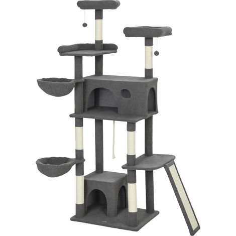 Arbre à chat avec griffoir, tour de jeux pour chat, 3 couchages, 2 cachettes, plateformes et 3 jouets suspendus, hauteur 174 cm, gris (1/5)